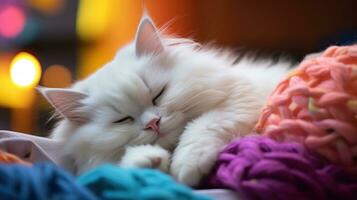 AI generated A white cat sleeping on a pile of colorful knit blankets and pillows photo