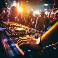 AI generated DJ's hands on a mixing board, with a blurred background of energetic partygoers dancing in the club photo