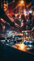 AI generated DJ's hands on a mixing board, with a blurred background of energetic partygoers dancing in the club photo