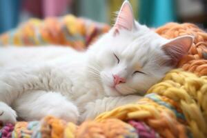 ai generado un blanco gato dormido en un pila de vistoso tejer mantas y almohadas foto
