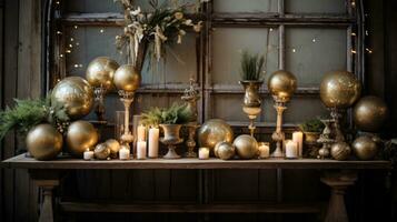 AI generated A warm and inviting Christmas setup with golden ornaments, greenery, and a rustic wood background photo