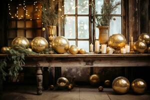 AI generated A warm and inviting Christmas setup with golden ornaments, greenery, and a rustic wood background photo