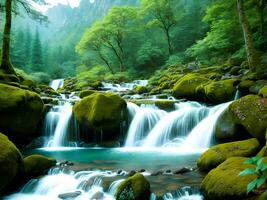 AI generated Created using generative AI. Peaceful landscapes. Fairytale elven forest with waterfalls and mountains. photo