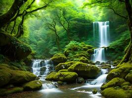 AI generated Created using generative AI. Peaceful landscapes. Fairytale elven forest with waterfalls and mountains. photo