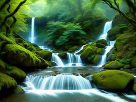 AI generated Created using generative AI. Peaceful landscapes. Fairytale elven forest with waterfalls and mountains. photo