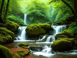 AI generated Created using generative AI. Peaceful landscapes. Fairytale elven forest with waterfalls and mountains. photo