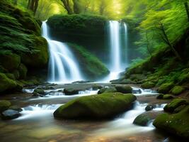 ai generado creado utilizando generativo ai. pacífico paisajes cuento de hadas elfo bosque con cascadas y montañas. foto