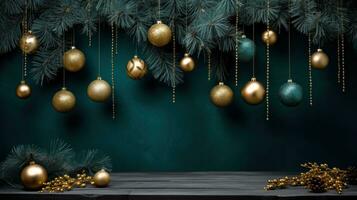 ai generado navidad decoraciones con arcos y pelotas en un verde antecedentes foto