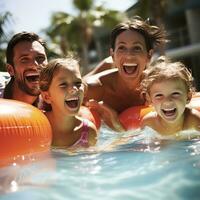 AI generated happy family enjoying a day in pool, with kids playing on inflatables and parents lounging nearby photo