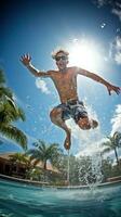 AI generated dramatic action shot of someone jumping into the pool, capturing the excitement of summer swimming photo