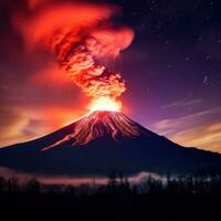 AI generated a volcano lights up the night sky with its fiery glow that showcases the beauty of nature's power photo