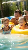 ai generado contento familia disfrutando un día en piscina, con niños jugando en inflables y padres descansando cerca foto