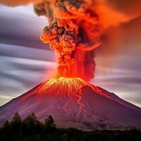 ai generado un volcán en erupción en un ardiente monitor de fundido lava y ceniza foto