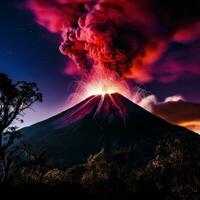 ai generado un volcán luces arriba el noche cielo con sus ardiente resplandor ese vitrinas el belleza de de la naturaleza poder foto