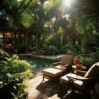 AI generated a pool surrounded by lush greenery and lounge chairs, perfect for a peaceful afternoon photo