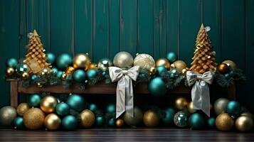 ai generado navidad decoraciones con arcos y pelotas en un verde antecedentes foto
