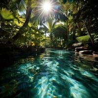 AI generated a pool in a tropical location, complete with palm trees, clear water, and sunshine photo