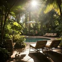 AI generated a pool surrounded by lush greenery and lounge chairs, perfect for a peaceful afternoon photo