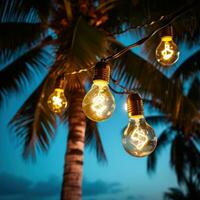 AI generated string of light bulb garlands hanging between two palm trees on a beach photo