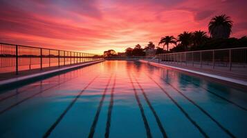 AI generated a beautiful shot of a pool at sunset, with warm oranges and pinks reflecting off the water photo