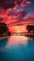 AI generated a beautiful shot of a pool at sunset, with warm oranges and pinks reflecting off the water photo