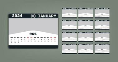 Desk Calendar 2024 new year single page 12 month annual calendar template. Monthly yearly calendar layout ready to print. 2024 annual calendar grid wall or desk layout. Planner for 2024 year, diary. vector