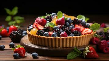 AI generated still life of a rustic fruit tart, with a crumbly almond crust and a colorful arrangement of berries photo