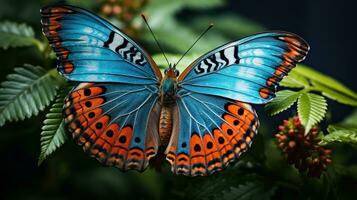 AI generated A butterfly perched on a leaf, its delicate wings showcasing intricate patterns and vibrant colors photo