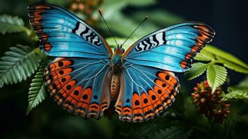 ai generado un mariposa encaramado en un hoja, sus delicado alas exhibiendo intrincado patrones y vibrante colores foto