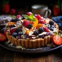 AI generated still life of a rustic fruit tart, with a crumbly almond crust and a colorful arrangement of berries photo