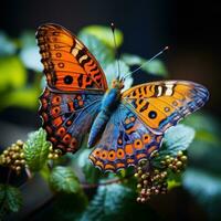 ai generado un mariposa encaramado en un hoja, sus delicado alas exhibiendo intrincado patrones y vibrante colores foto