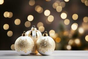 AI generated glamorous Christmas composition with gold and white ornaments and glitter background photo