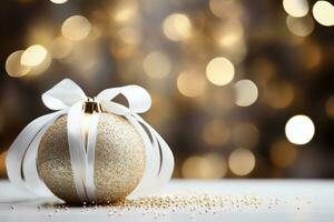 AI generated glamorous Christmas composition with gold and white ornaments and glitter background photo