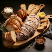 AI generated A flat lay of a wooden cutting board with a variety of artisanal breads, including sourdough photo