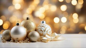 AI generated glamorous Christmas composition with gold and white ornaments and glitter background photo