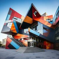 ai generado geométricamente diseñado edificio con agudo anglos y vibrante colores, foto