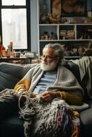 AI generated A man knitting a large blanket while sitting on a comfortable couch in his living room photo