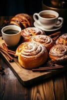 AI generated A flat lay of a wooden table with a variety of baked goods, including cinnamon rolls, muffins photo