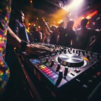 AI generated DJ's hands on a mixing board, with a blurred background of energetic partygoers dancing in the club photo