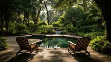 AI generated a pool surrounded by lush greenery and lounge chairs, perfect for a peaceful afternoon photo