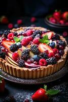 AI generated still life of a rustic fruit tart, with a crumbly almond crust and a colorful arrangement of berries photo