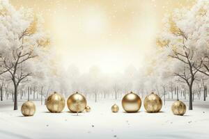 AI generated A stunning gold and white Christmas scene with shimmering balls and a snow-dusted background photo