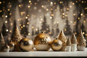 AI generated A stunning gold and white Christmas scene with shimmering balls and a snow-dusted background photo