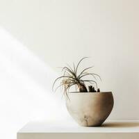 AI generated a plant sits on top of a concrete table against a white wall, photo