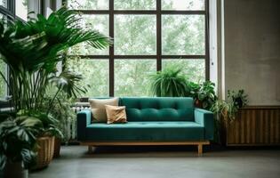 AI generated a green couch and plants are near a window photo