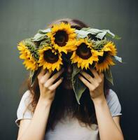 AI generated a girl covers her face with sunflowers photo