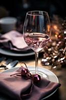 AI generated a glass of wine on a table set up with napkins photo