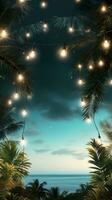 AI generated beach party with palm trees and light bulb garlands. photo