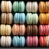 AI generated display case filled with colorful macarons, arranged in rows and hues of pastel pink, blue, green photo