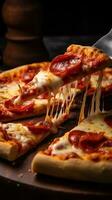 AI generated A pizza being sliced with a sharp cutter, emphasizing the crispy texture of the crust photo